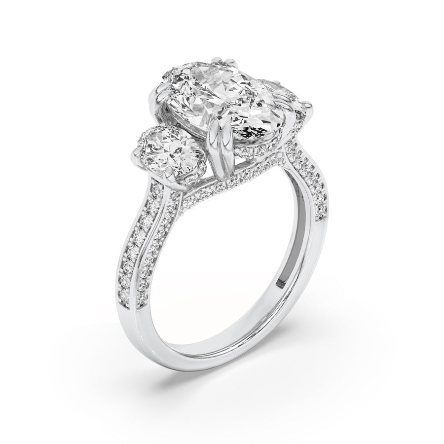 5Cttw Oval Shaped Lab Grown Diamond (F/VS) Three Stone Accented Engagement Ring in 14K Gold