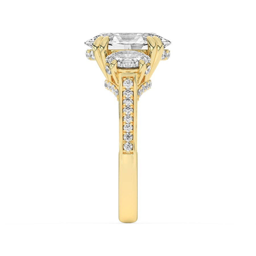 5Cttw Oval Shaped Lab Grown Diamond (F/VS) Three Stone Accented Engagement Ring in 14K Gold