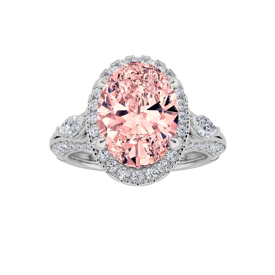 3Cttw Oval Shaped Lab Grown Diamond (F/VS) Three Stone Halo Enagement Ring in 14K Gold