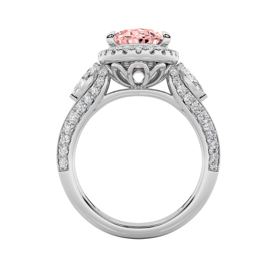 3Cttw Oval Shaped Lab Grown Diamond (F/VS) Three Stone Halo Enagement Ring in 14K Gold