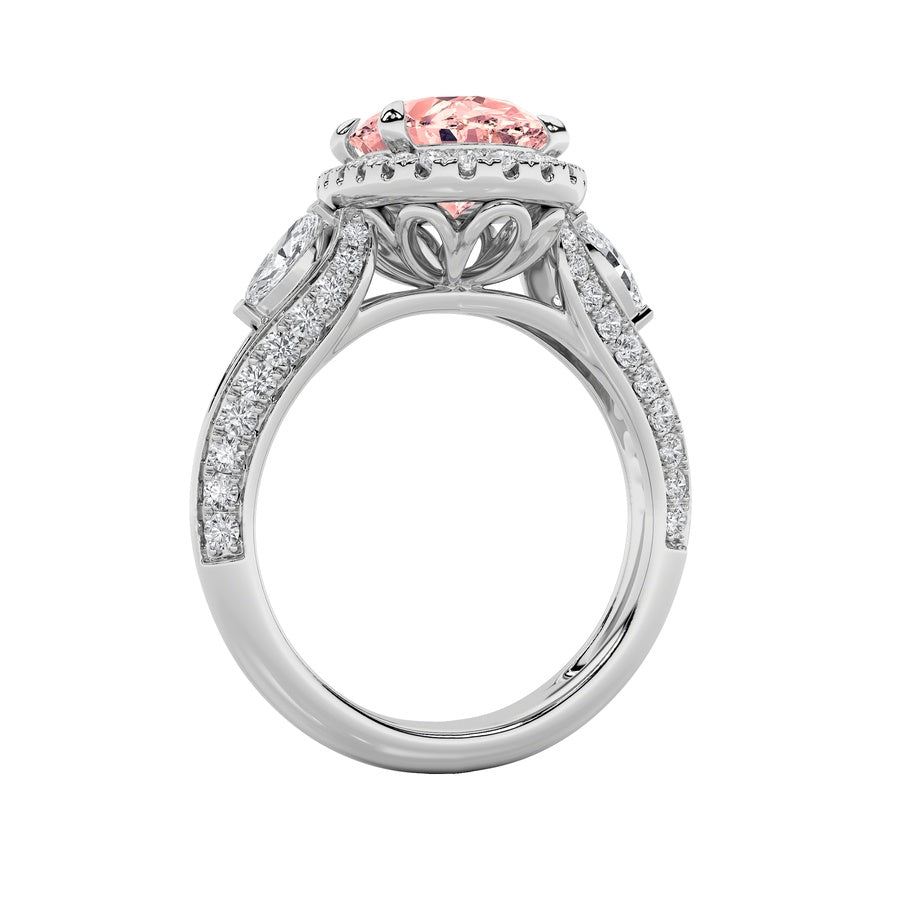 3Cttw Oval Shaped Lab Grown Diamond (F/VS) Three Stone Halo Enagement Ring in 14K Gold