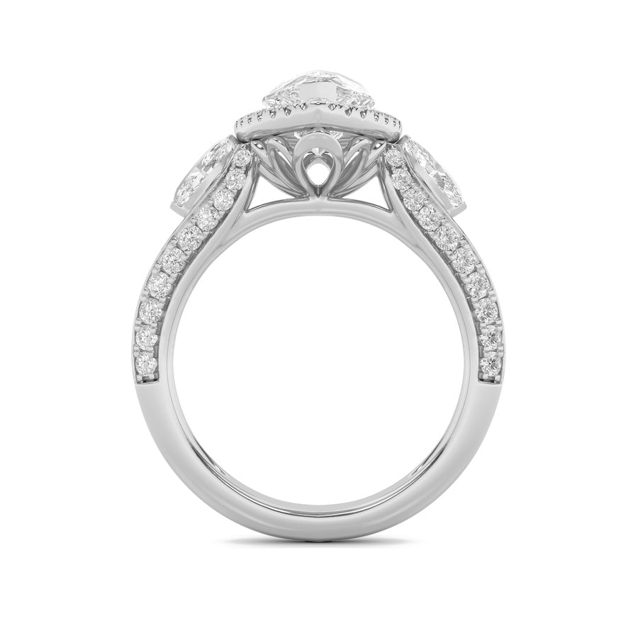 3Cttw Pear Shaped Lab Grown Diamond (F/VS) Three Stone Halo Enagement Ring in 14K Gold