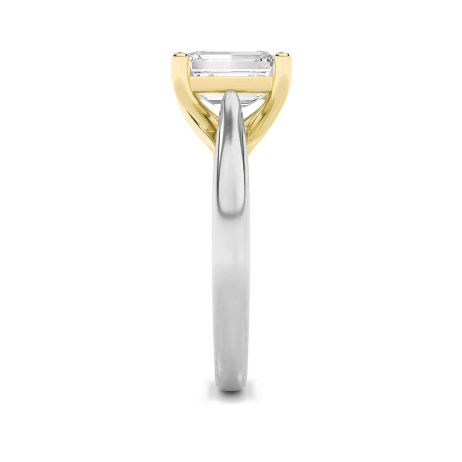 1.5Cttw Emerald Shaped Lab Grown Diamond (F/VS) Two Tone Cathedral Shank Engagement Ring in 14K Gold