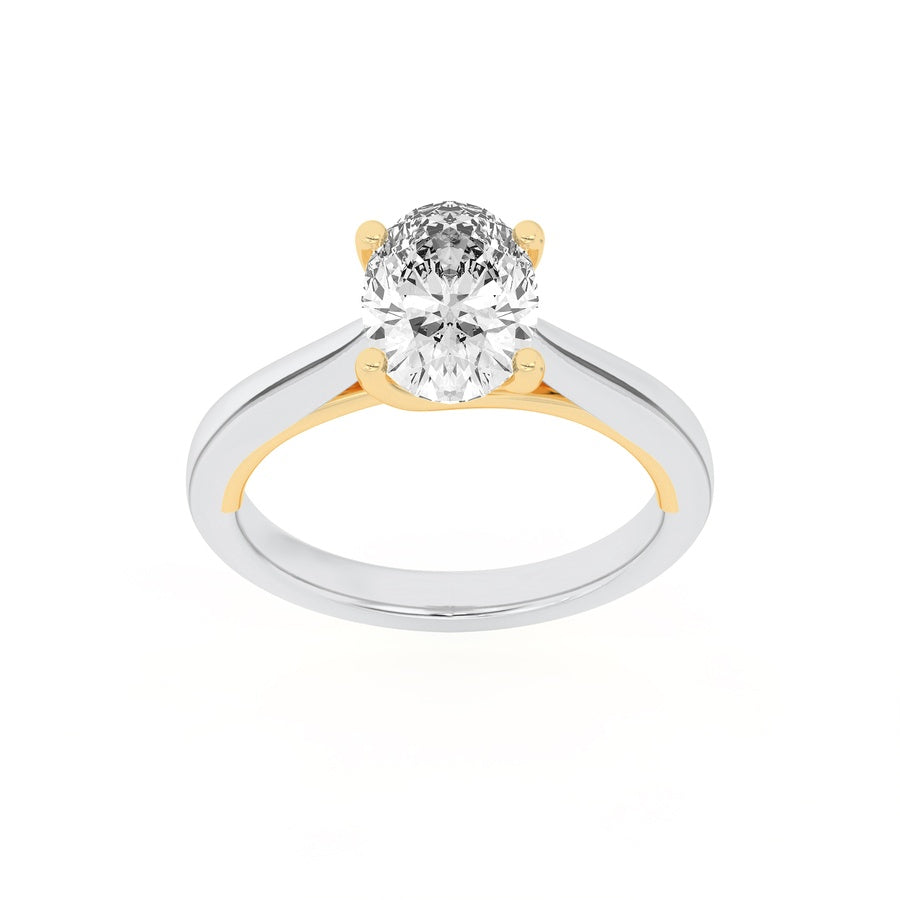 2Cttw Oval Shaped Lab Grown Diamond (F/VS) Two Tone Cathedral Shank Engagement Ring in 14K Gold