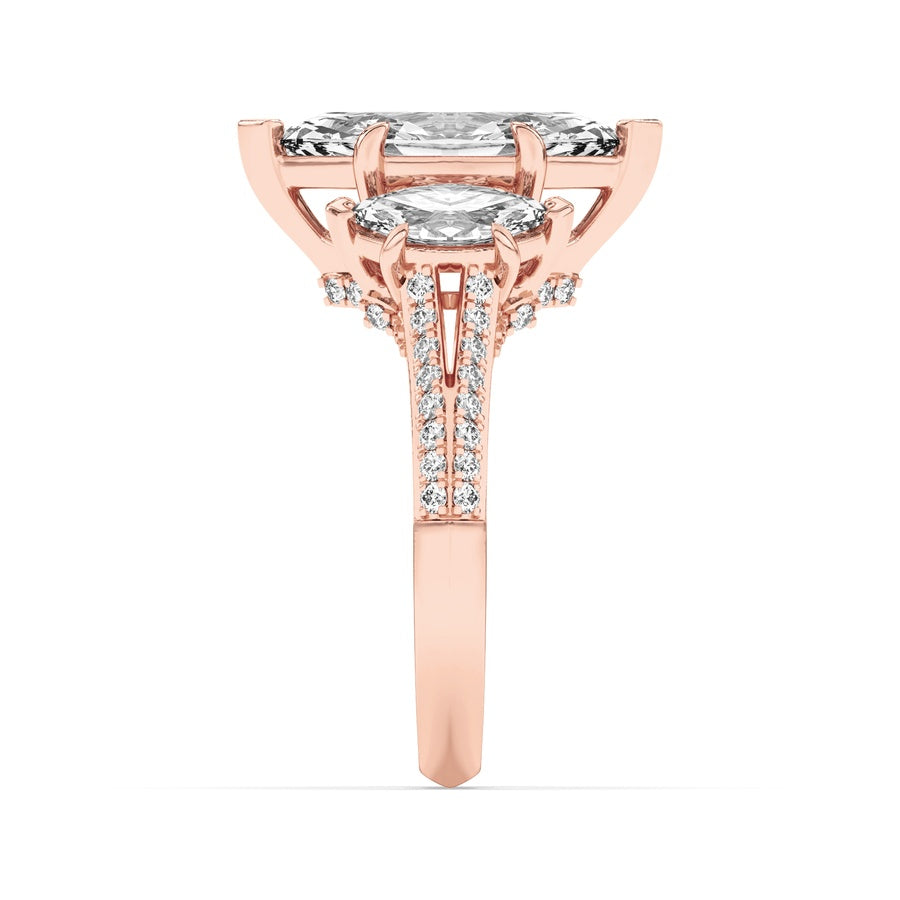 4Cttw Marquise Shaped Lab Grown Diamond (G/VS) Three Stone Accented Engagement Ring in 14K Gold