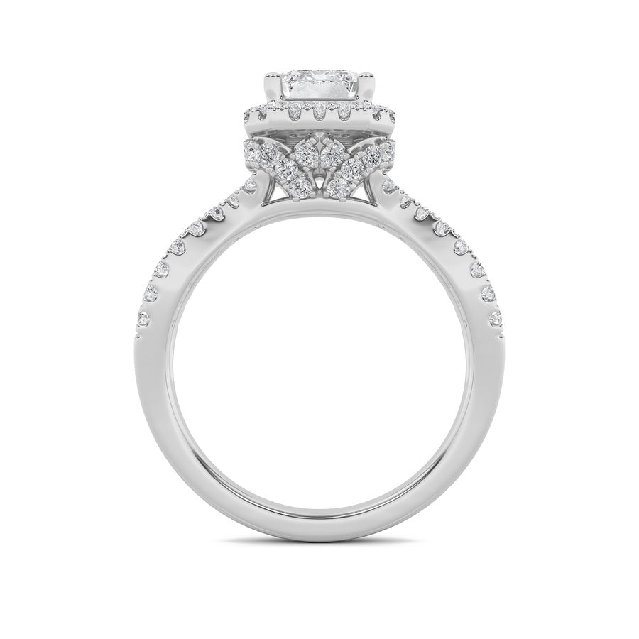 2Cttw Emerald Shaped Lab Grown Diamond (G/VS) Split Shank Halo Accented Engagement Ring in 14K Gold