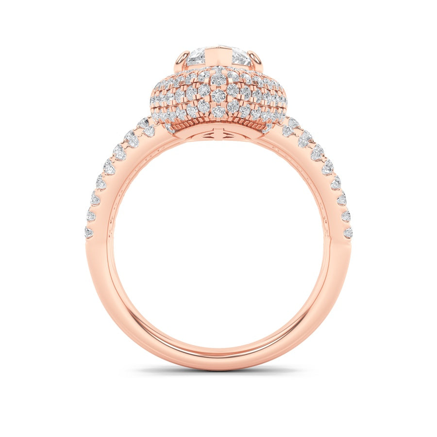 3Cttw Marquise Shaped Lab Grown Diamond (F/VS) Three Row Accented Halo Engagement Ring in 14K Gold