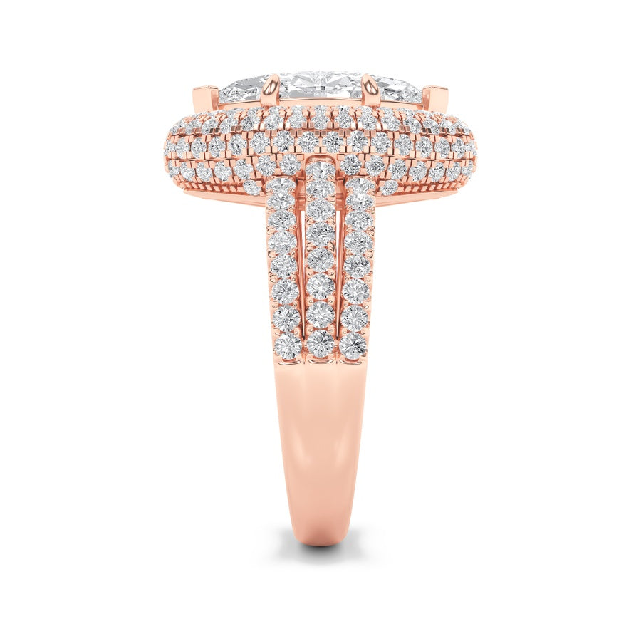 3Cttw Marquise Shaped Lab Grown Diamond (F/VS) Three Row Accented Halo Engagement Ring in 14K Gold
