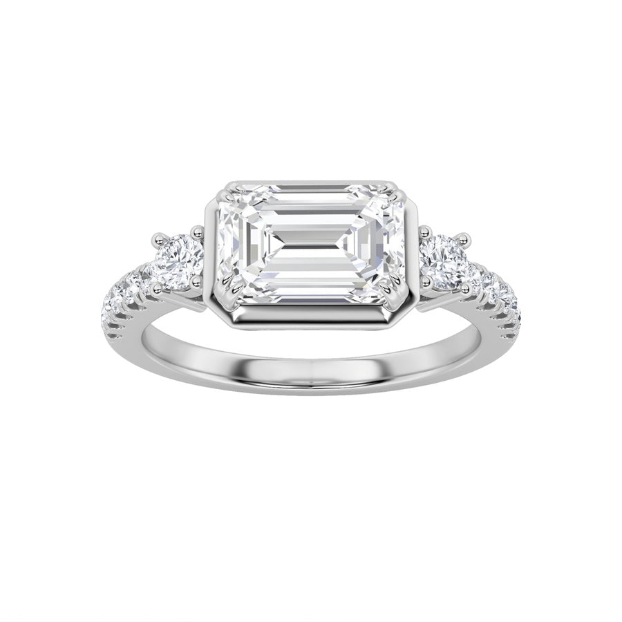 2Cttw Emerald Shaped Lab Grown Diamond (F/VS) EastWest Accented Three Stone Ring in 14K Gold