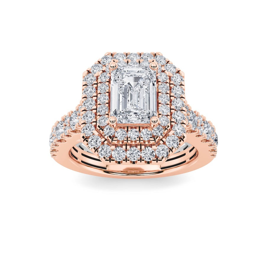 2Cttw Emerald Shaped Lab Grown Diamond (F/VS) Double Halo Engagement Ring in 14K Gold