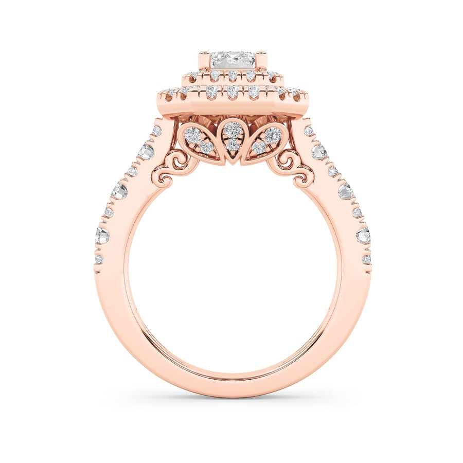 2Cttw Emerald Shaped Lab Grown Diamond (F/VS) Double Halo Engagement Ring in 14K Gold