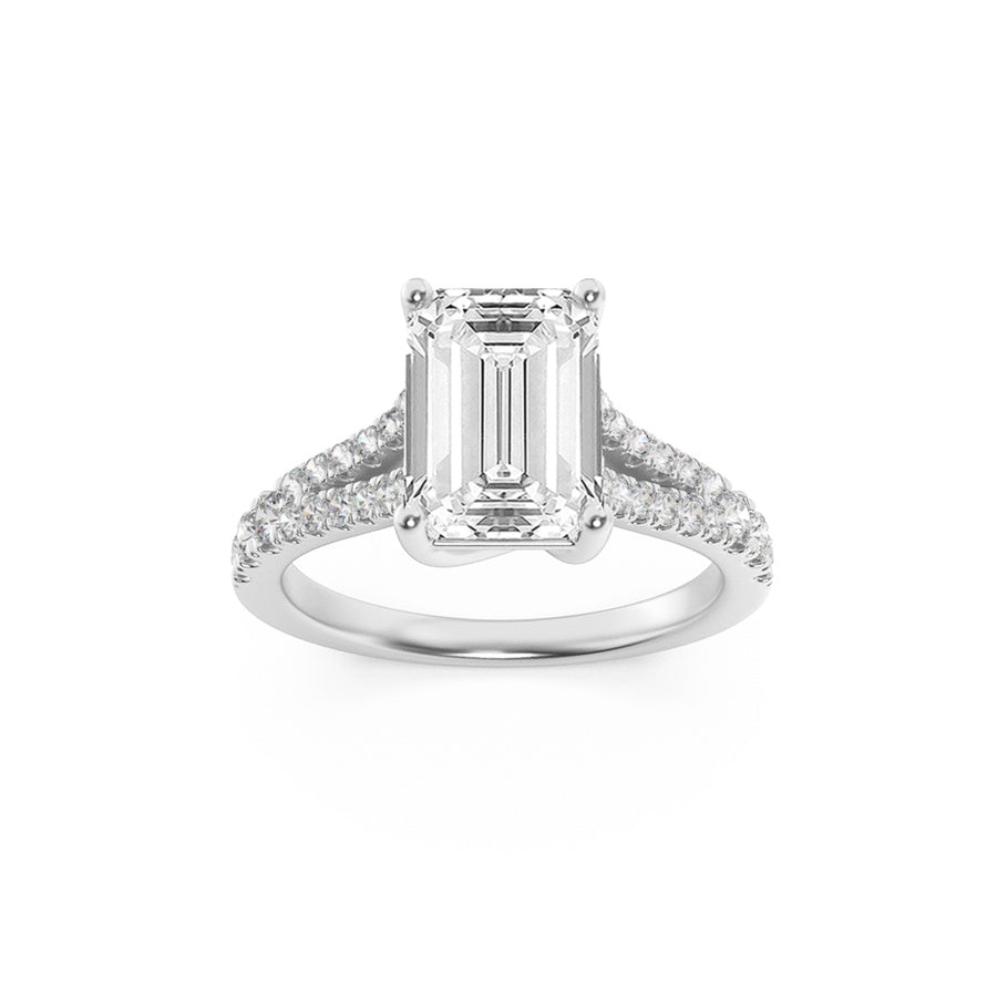 Emerald Shape Split Shank Trellis Engagement Ring lab grown diamond
