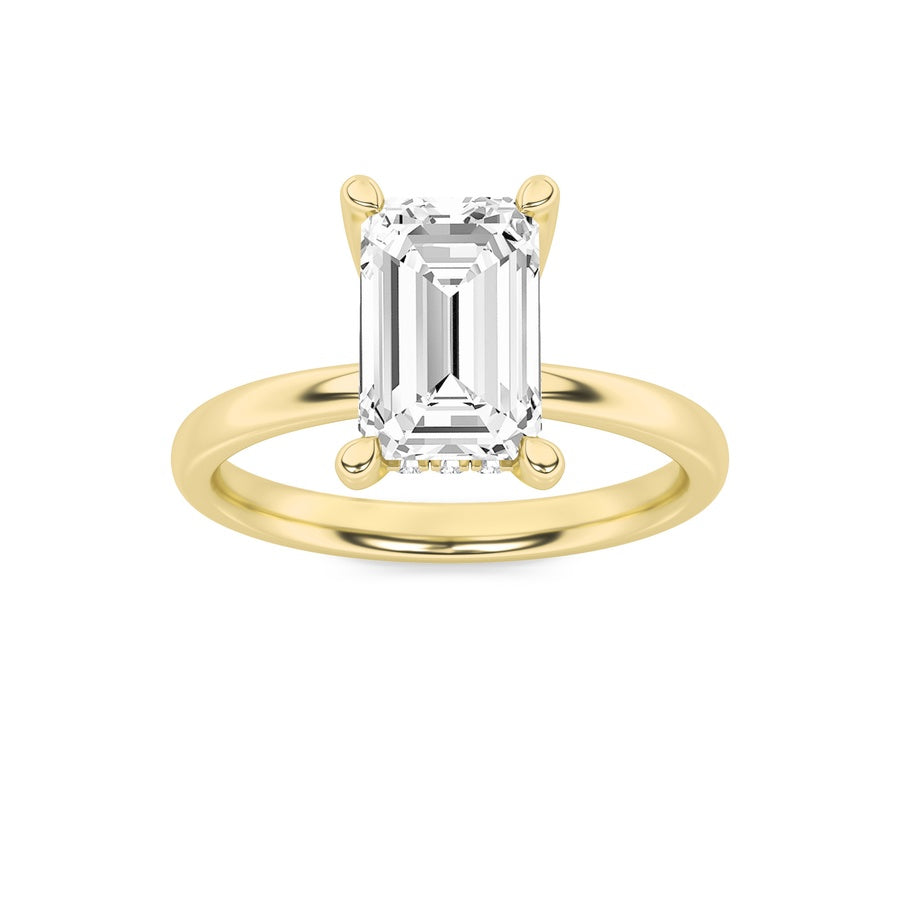 2Cttw Emerald Shaped Lab Grown Diamond (F/VS) Hidden Halo Petite Shank Ring in 14K Gold