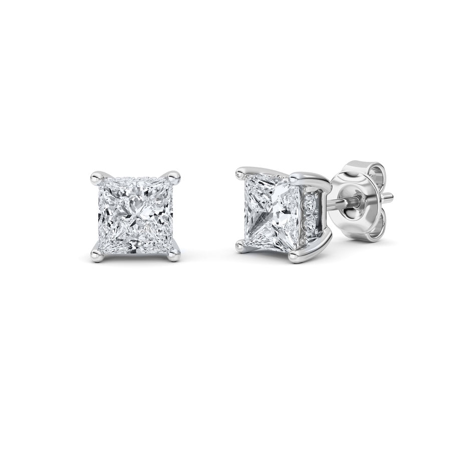 Princess Shape Hidden Halo Stud Earrings lab grown diamond