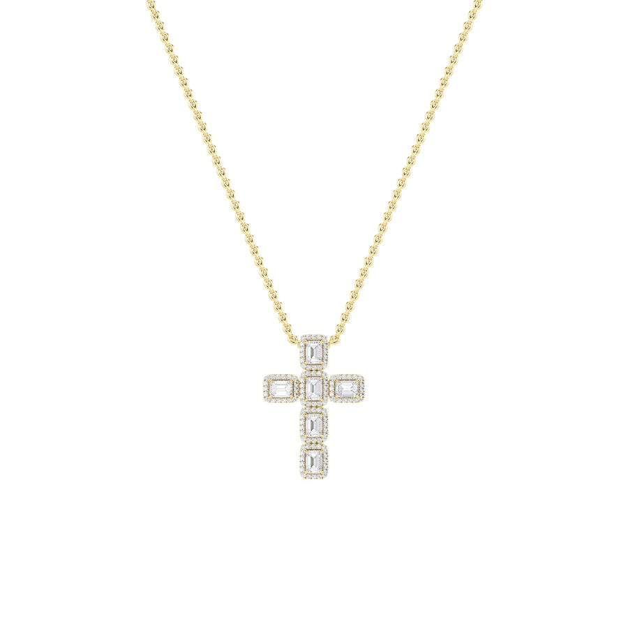 3Cttw Emerald Shaped Lab Grown Diamond (F/VS) Cross Pendant in 14K Gold