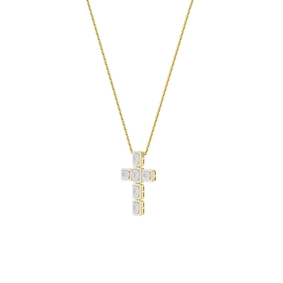 3Cttw Emerald Shaped Lab Grown Diamond (F/VS) Cross Pendant in 14K Gold