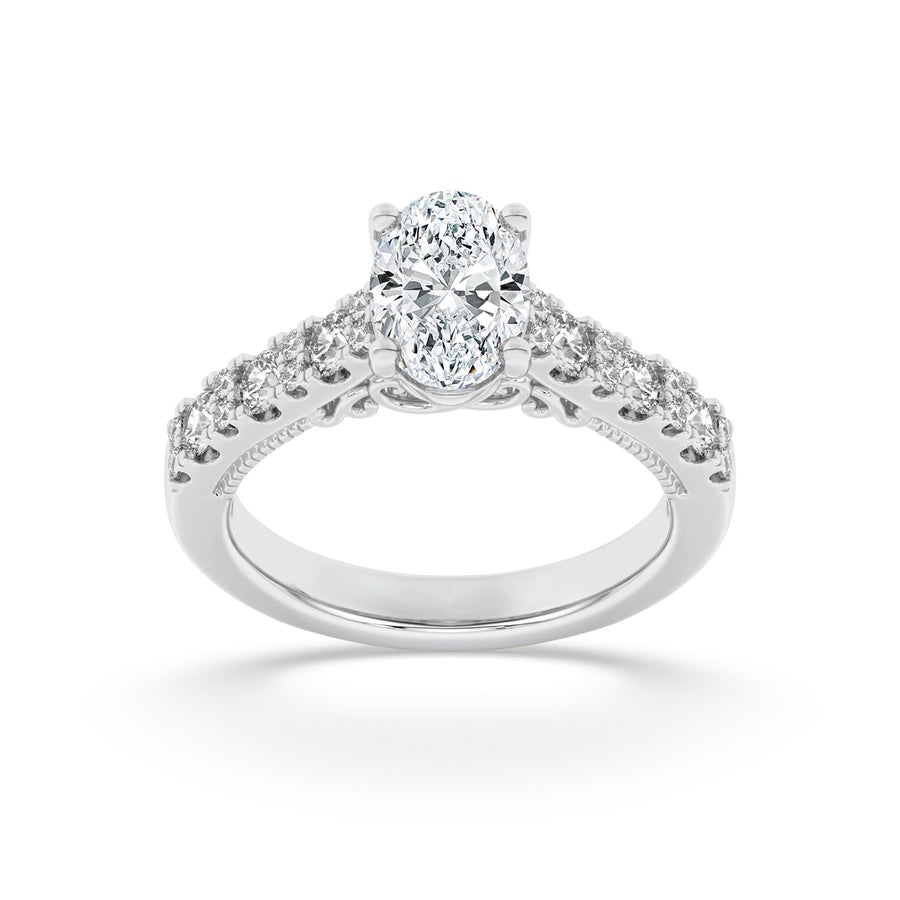 2Cttw Oval Shaped Lab Grown Diamond (F/VS) Accented Milgrain Engagement Ring in 14K Gold