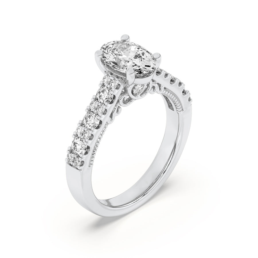 2Cttw Oval Shaped Lab Grown Diamond (F/VS) Accented Milgrain Engagement Ring in 14K Gold