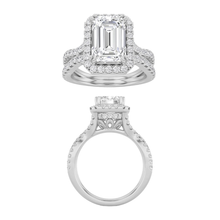 3Cttw Emerald Shaped Lab Grown Diamond (F/VS) Split shank Accented Ring in 14K Gold