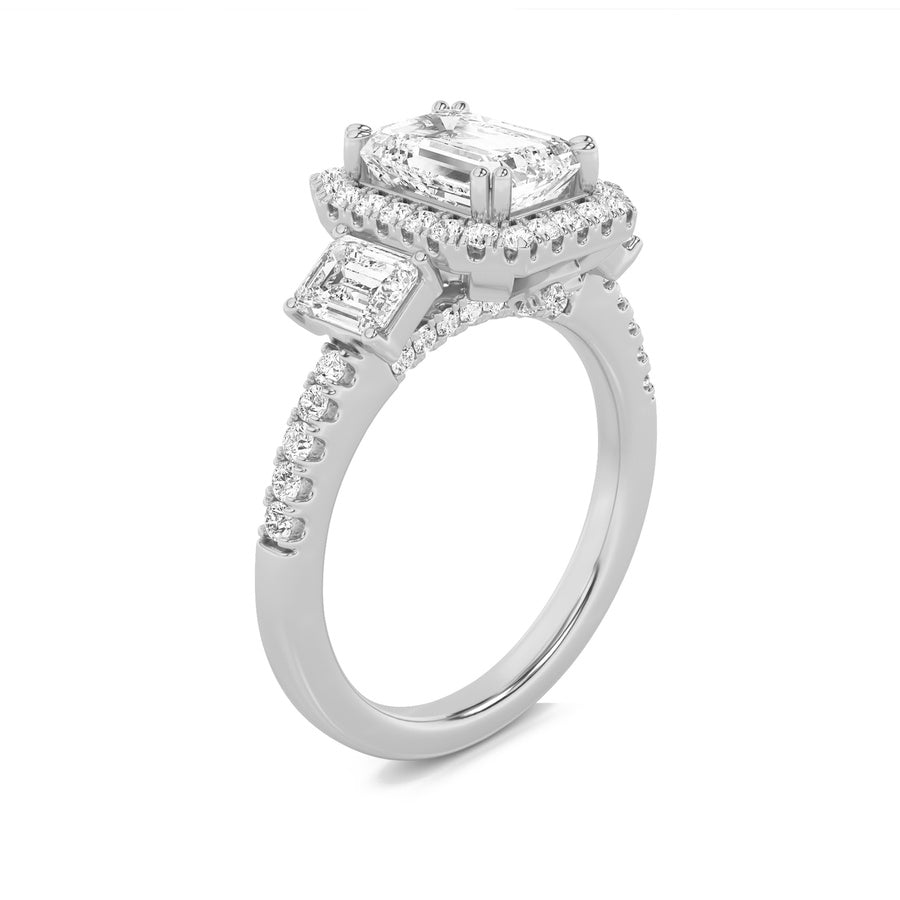 3Cttw Emerald Shaped Lab Grown Diamond (G/VS) Three Stone Accented Engagement Ring in 14K Gold