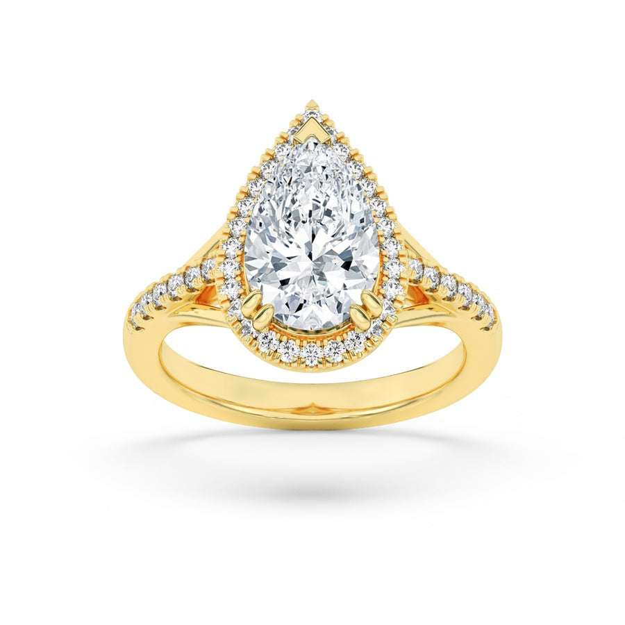 3Cttw Pear Shaped Lab Grown Diamond (F/VS) Halo Accented Engagement Ring in 14K Gold