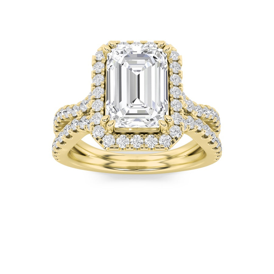 4Cttw Emerald Shaped Lab Grown Diamond (F/VS) Split Shank Halo Engagement Ring in 14K Gold