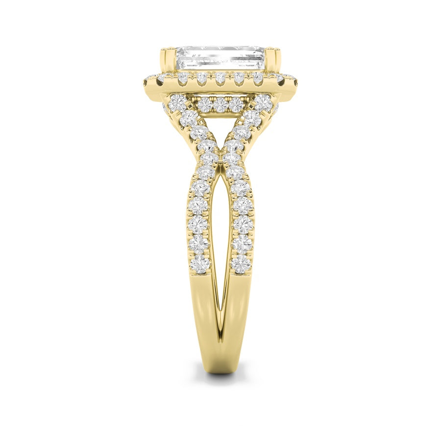 4Cttw Emerald Shaped Lab Grown Diamond (F/VS) Split Shank Halo Engagement Ring in 14K Gold