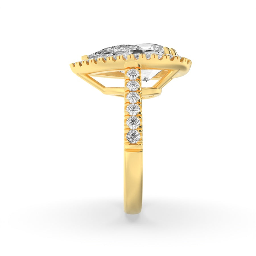 3Cttw Pear Shaped Lab Grown Diamond (F/VS) Bolld Accented Halo Engagement Ring in 14K Gold