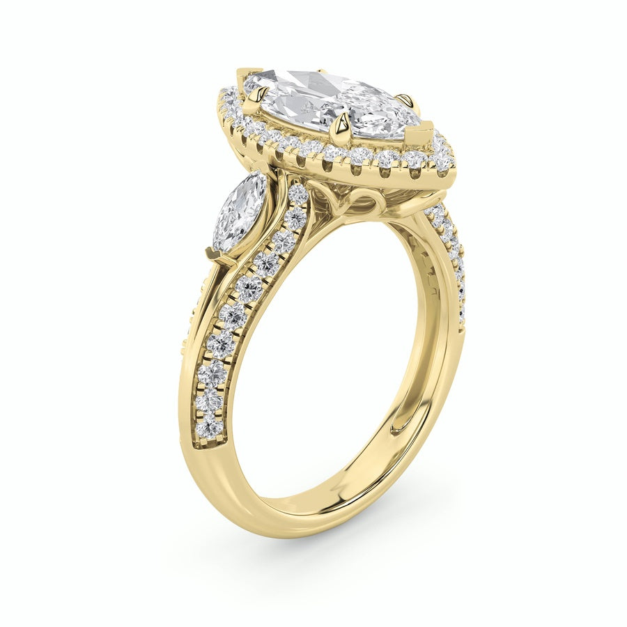 3Cttw Marquise Shaped Lab Grown Diamond (F/VS) Three Stone Halo Enagement Ring in 14K Gold