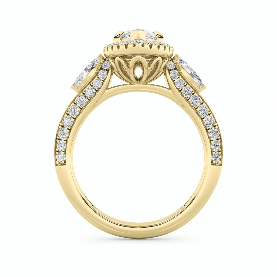 3Cttw Marquise Shaped Lab Grown Diamond (F/VS) Three Stone Halo Enagement Ring in 14K Gold
