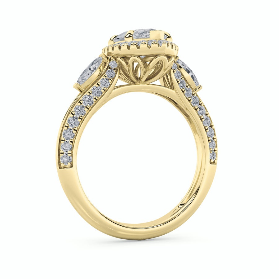 3Cttw Marquise Shaped Lab Grown Diamond (F/VS) Three Stone Halo Enagement Ring in 14K Gold