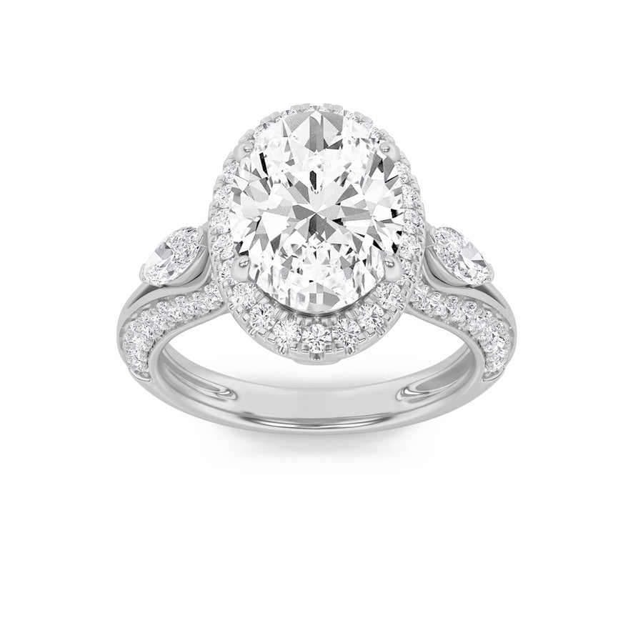 3Cttw Oval Shaped Lab Grown Diamond (F/VS) Three Stone Halo Enagement Ring in 14K Gold