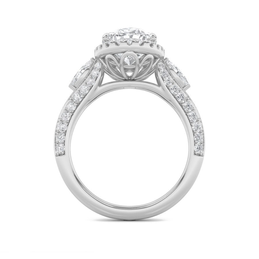 3Cttw Oval Shaped Lab Grown Diamond (F/VS) Three Stone Halo Enagement Ring in 14K Gold