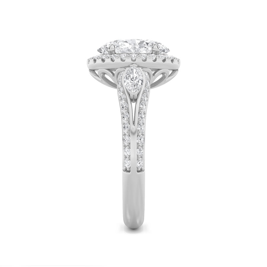 3Cttw Oval Shaped Lab Grown Diamond (F/VS) Three Stone Halo Enagement Ring in 14K Gold