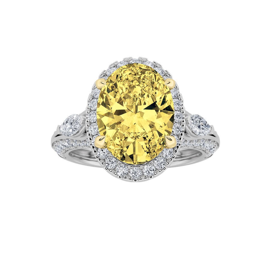 3Cttw Oval Shaped Lab Grown Diamond (F/VS) Three Stone Halo Enagement Ring in 14K Gold