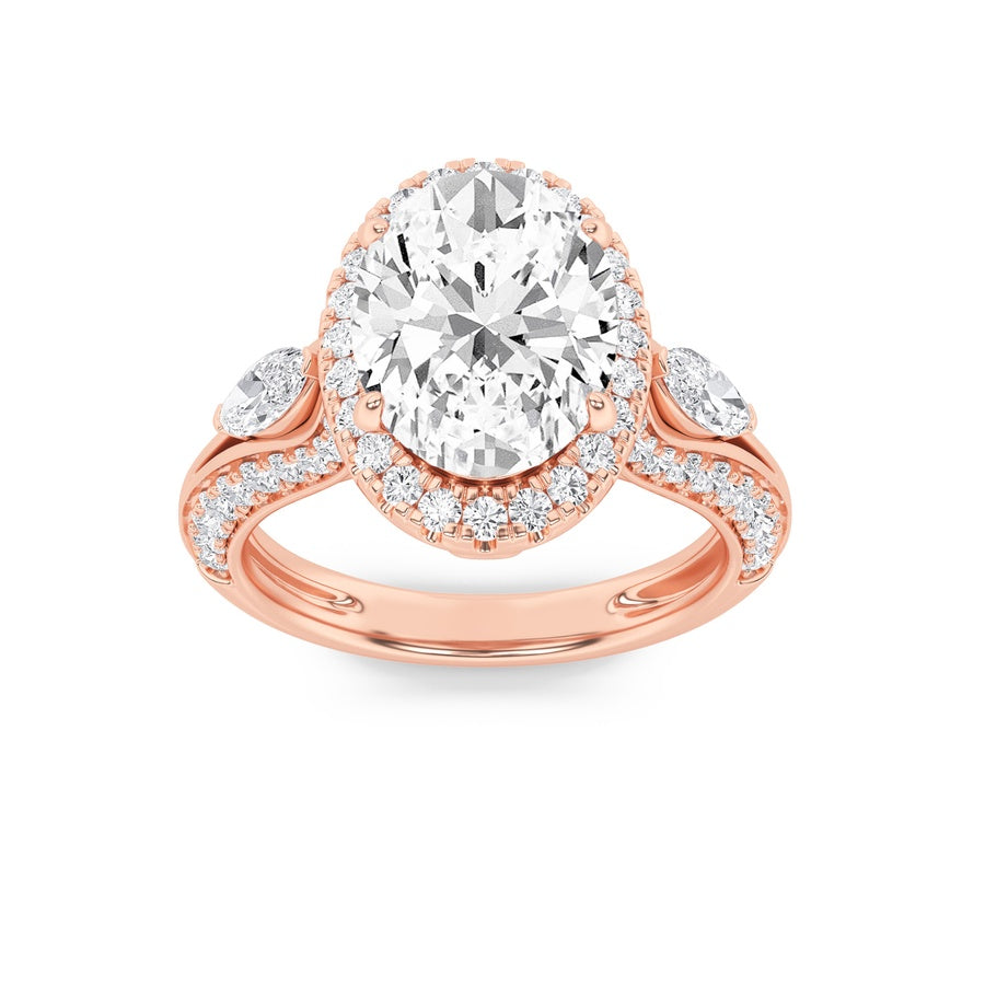 3Cttw Oval Shaped Lab Grown Diamond (F/VS) Three Stone Halo Enagement Ring in 14K Gold