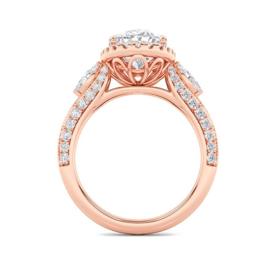 3Cttw Oval Shaped Lab Grown Diamond (F/VS) Three Stone Halo Enagement Ring in 14K Gold