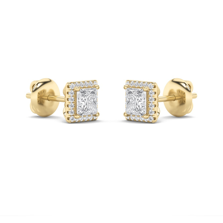 2Cttw Princess Shaped Lab Grown Diamond (F/VS) Halo Stud Earrings in 14K Gold