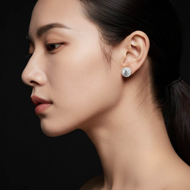 Model wearing round halo stud earrings