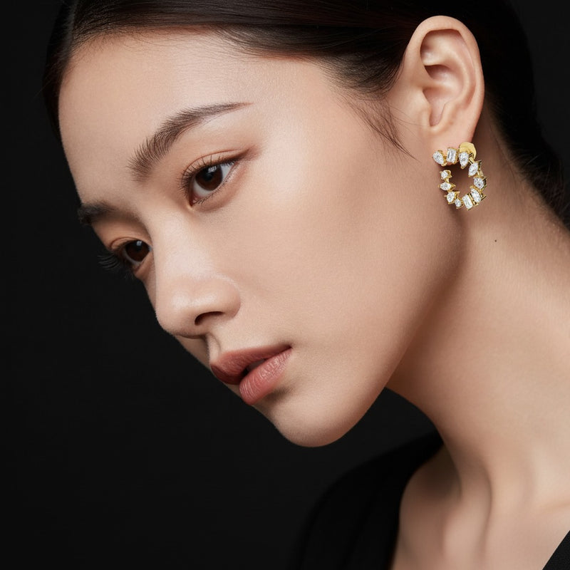 Model wearing mix fancy circle earrings