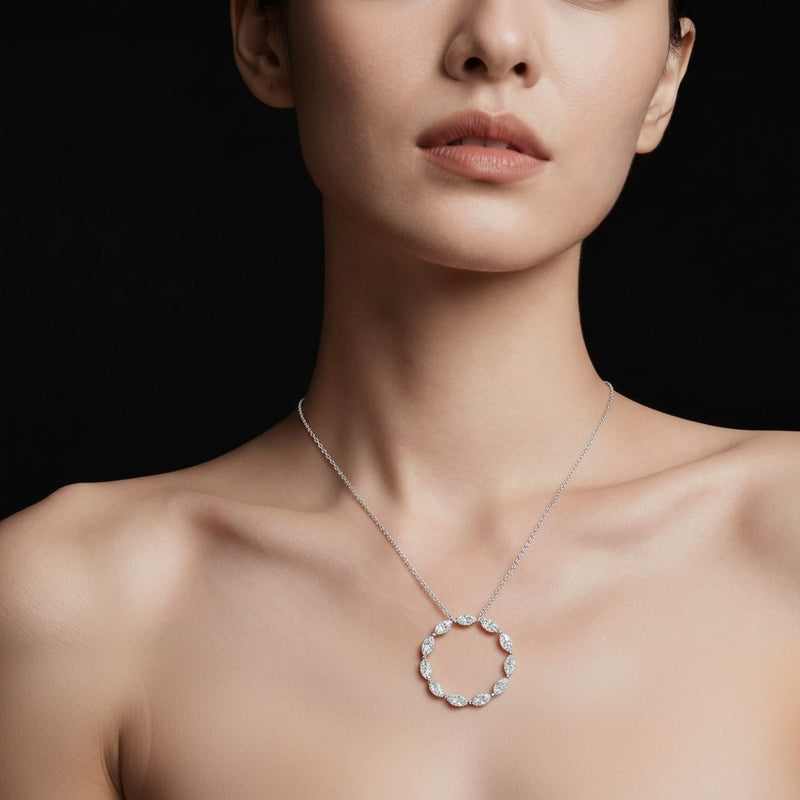 Model wearing marquise circle necklace