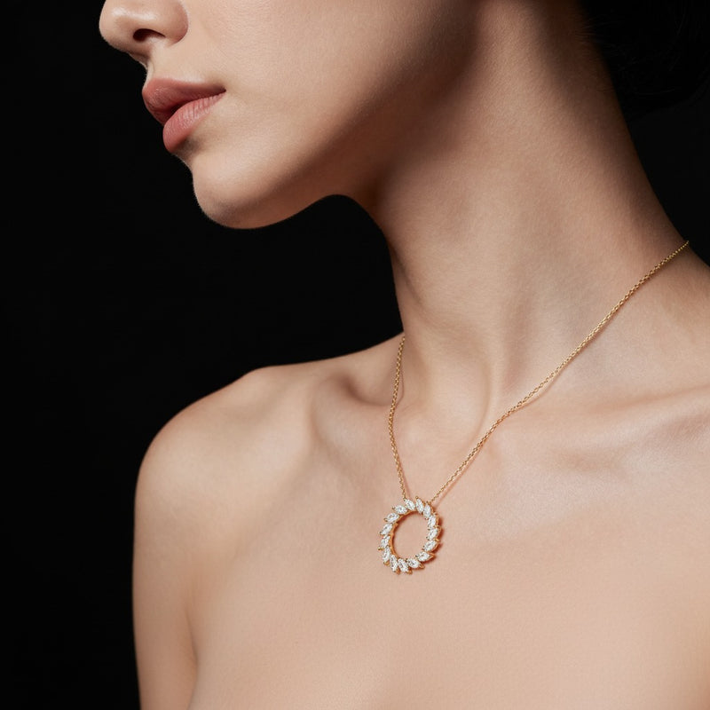 Model wearing marquise circle necklace