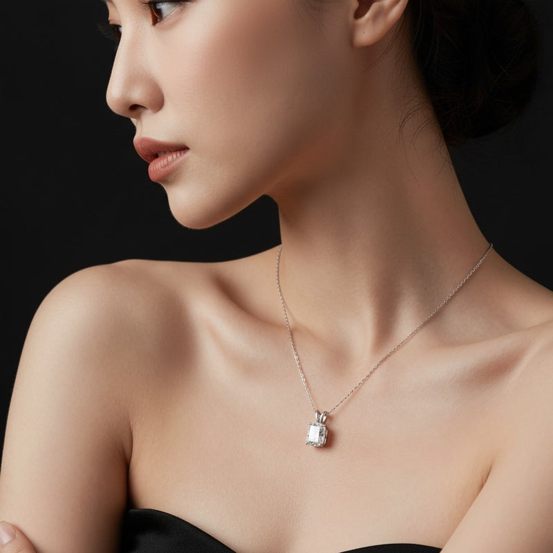Model wearing cushion split bale solitaire pendant