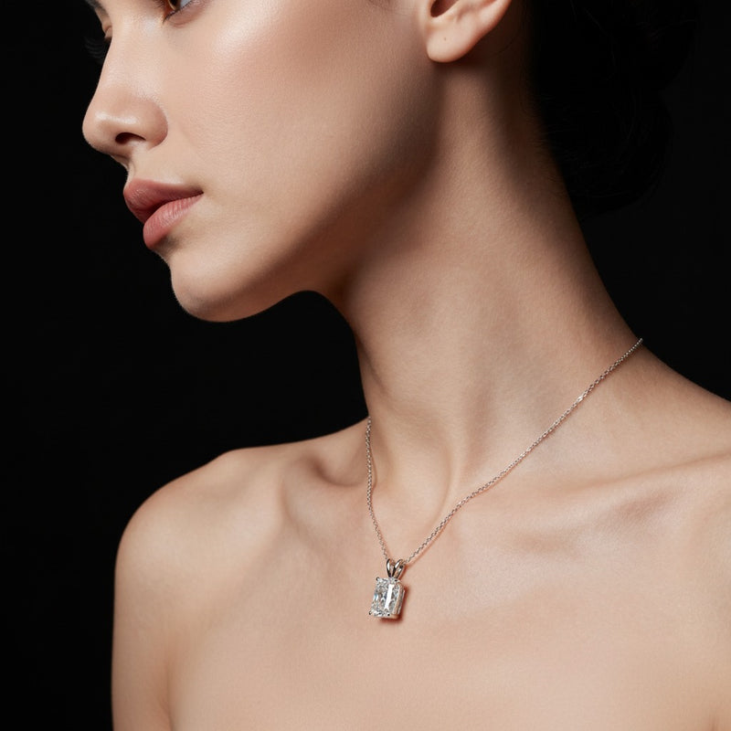 Model wearing cushion split bale solitaire pendant