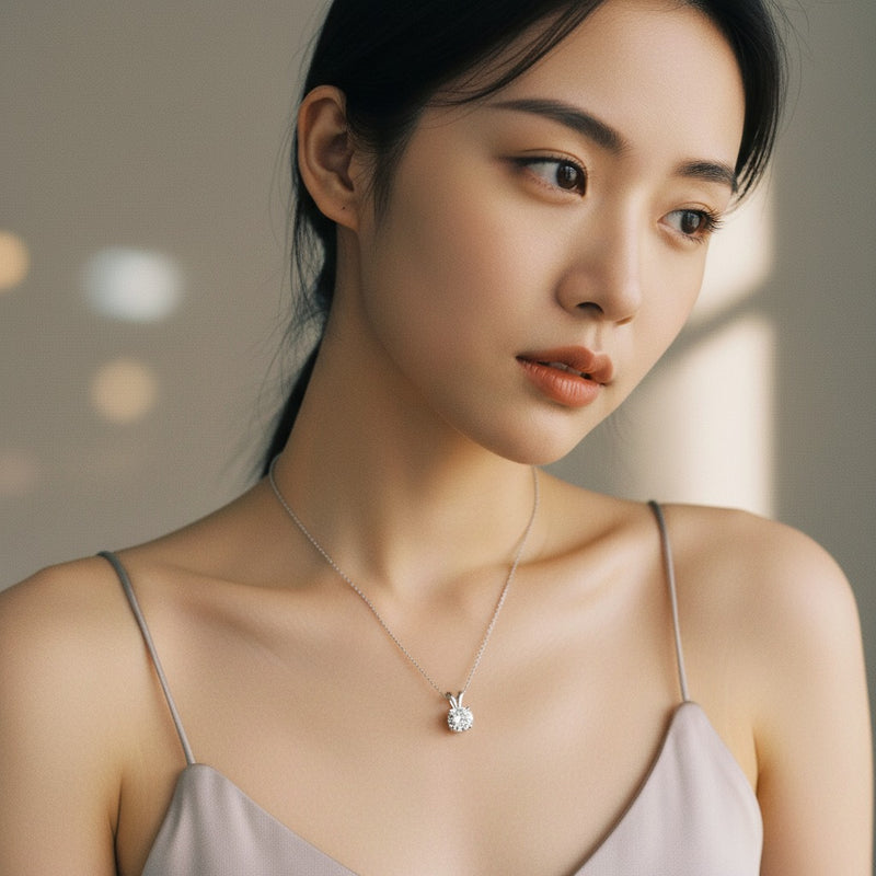 Model wearing round split bale solitaire pendant