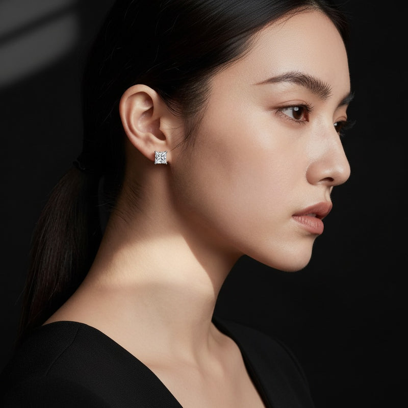Model wearing princess tulip head stud earrings