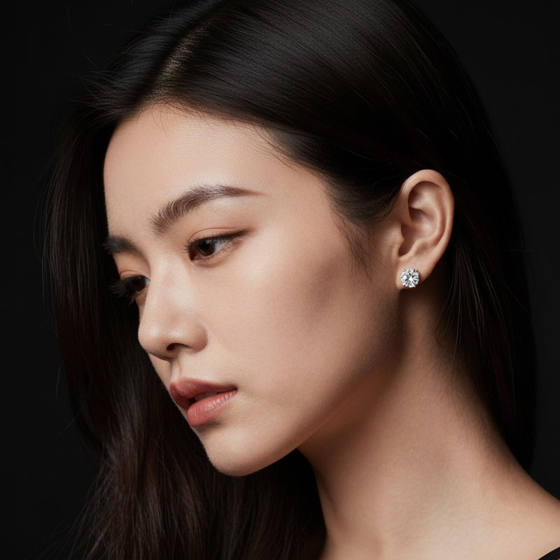 Model wearing round tulip head stud earrings