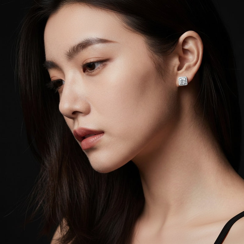 Model wearing princess halo stud earrings