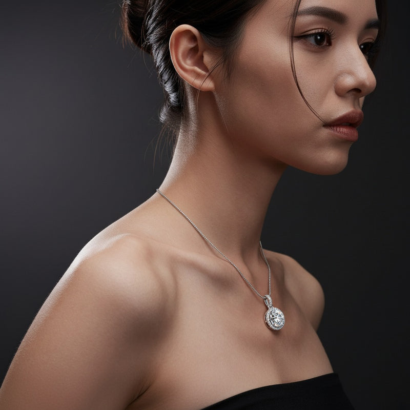 Model wearing round halo pendant