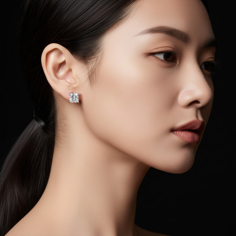 Model wearing princess classic basket set stud earrings